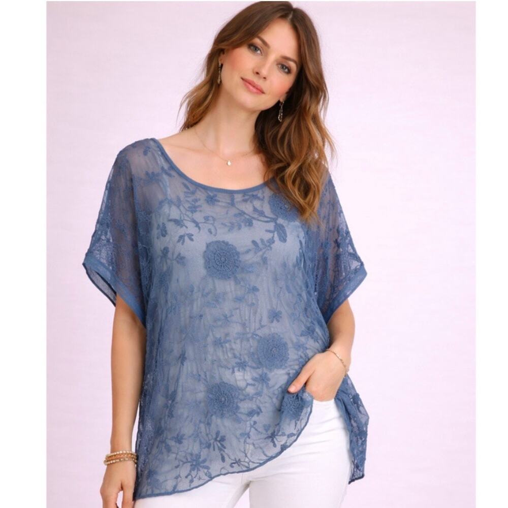 Sundance Sheer Blue Floral Embroidered Short Sleeve Silk Blouse Size XL Boho